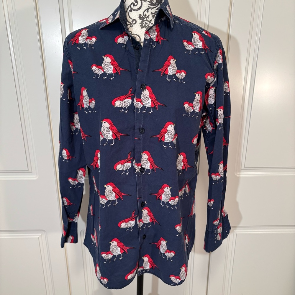 SUSLO fun graphic red & white bird print button up casual cotton shirt men's S